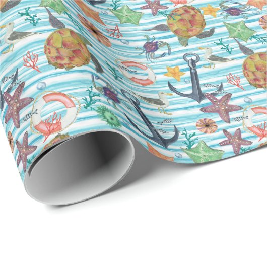 Nautische schildpadden Seagul zeesterren patroon Cadeaupapier (Rol Hoek)
