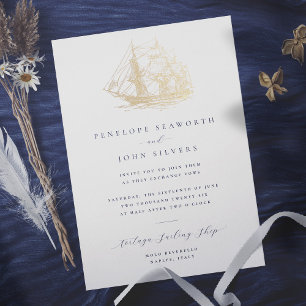 Nautische Schip Illustratie Formele Bruiloft Folie Uitnodiging