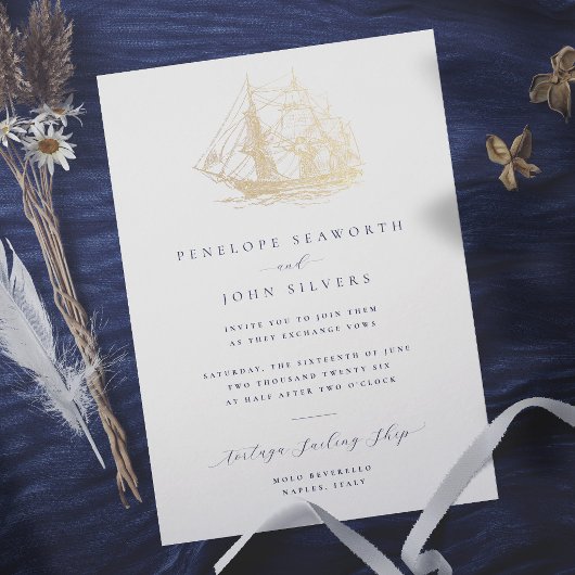 Nautische Schip Illustratie Formele Bruiloft Folie Uitnodiging