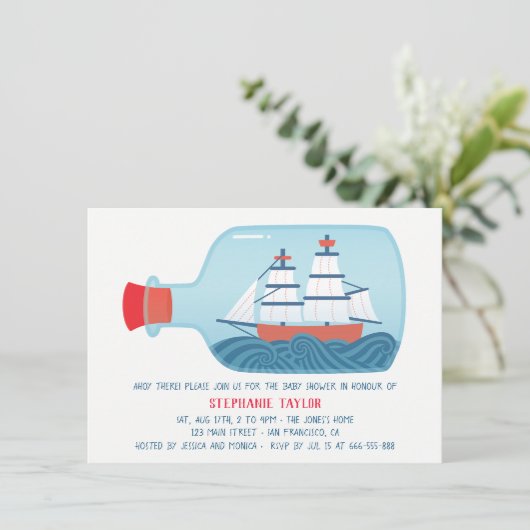nautische schip in een fles baby douche uitnodigin kaart (Staand voorkant)