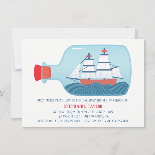 nautische schip in een fles baby douche uitnodigin kaart (Voorkant)