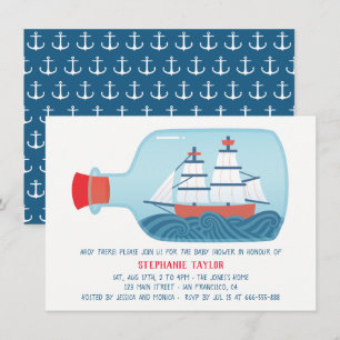 nautische schip in een fles baby douche uitnodigin kaart