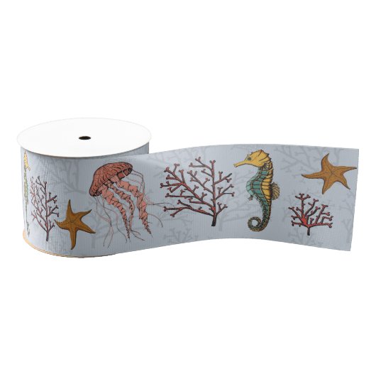 Nautische Seahorse Kwallen Zeesterren Koraal 3" Grosgrain Lint (Spoel)
