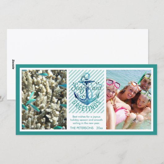 Nautische "SEAson's Groeten" - Aqua Stripes Feestdagenkaart (Voorkant / Achterkant)