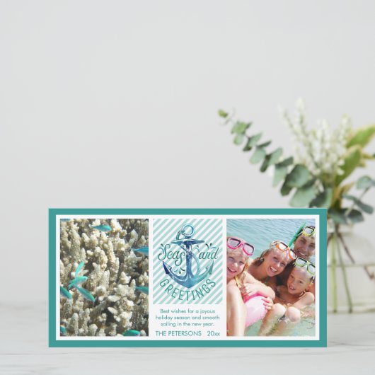 Nautische "SEAson's Groeten" - Aqua Stripes Feestdagenkaart (Staand voorkant)