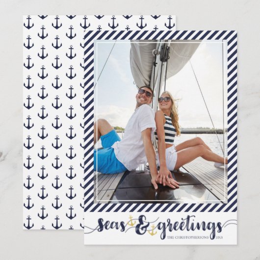 Nautische SEAsons Groeten | Gouden ankers met stre Feestdagenkaart (Voorkant / Achterkant)