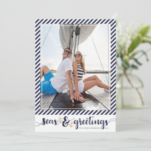 Nautische SEAsons Groeten | Gouden ankers met stre Feestdagenkaart (Staand voorkant)