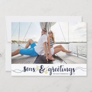 Nautische SEAsons Groeten   Navy Gold Anchors Feestdagenkaart