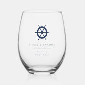 Nautische Ship's Wheel gepersonaliseerde bruiloft Wijnglas Zonder Voet (Voorkant)