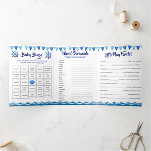 Nautische spelletjes baby boy blauw 1e verjaardags drieluik uitnodiging
