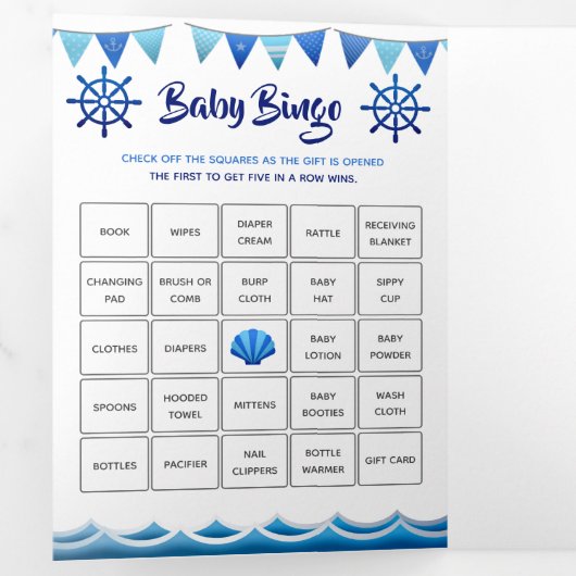 Nautische spelletjes baby boy blauw 1e verjaardags drieluik uitnodiging (Binnenzijde eerst)