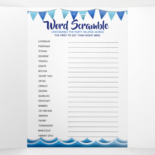 Nautische spelletjes baby boy blauw 1e verjaardags drieluik uitnodiging (Binnenkant midden)