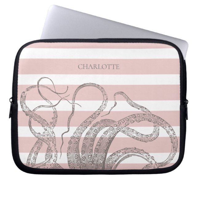 Nautische  Steampunk octopus op roze strepen Laptop Sleeve (Voorkant)