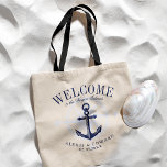 Nautische stijl Anker Custom Welkom Tote Bag<br><div class="desc">Een unieke set van aangepaste canvas tassen op maat van uw strandstijl of bestemmingsbruiloft. Het bevat een welkomsttekst, gevolgd door de naam van de locatie of de persoon die de tas ontvangt. Onder deze is een stijlanker in de kleur navy. Alle elementen van de kant van onze aanpasbare door gebruik...</div>