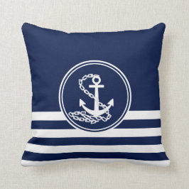 Nautische stijl blauw en wit, anker en strips kussen
