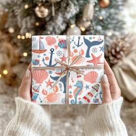 Nautische strand anker zee schelpen zeilboot patro inpakpapier vel