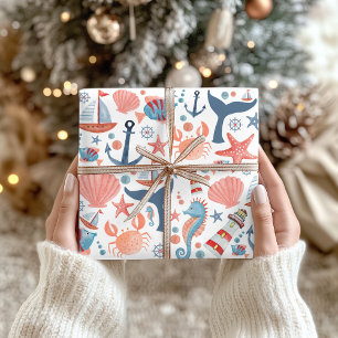 Nautische strand anker zee schelpen zeilboot patro inpakpapier vel