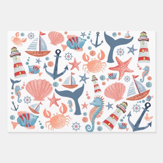 Nautische strand anker zee schelpen zeilboot patro inpakpapier vel (Voorkant 2)