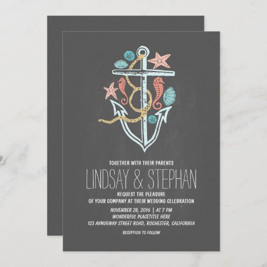 Nautische strand bruiloft uitnodigingen - krijtbor (Voorkant / Achterkant)