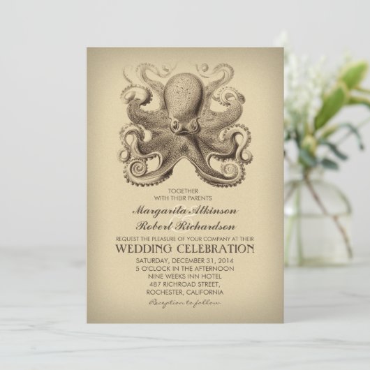 nautische strand huwelijksuitnodiging met octopus kaart (Staand voorkant)