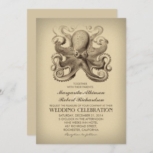 nautische strand huwelijksuitnodiging met octopus kaart (Voorkant / Achterkant)