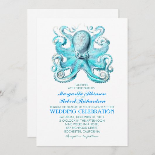 nautische strand huwelijksuitnodiging met octopus kaart (Voorkant / Achterkant)