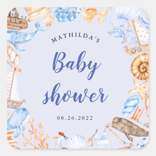 nautische strandillustraties baby shower vierkante sticker (Voorkant)