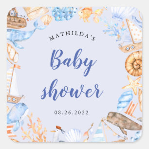 nautische strandillustraties baby shower vierkante sticker