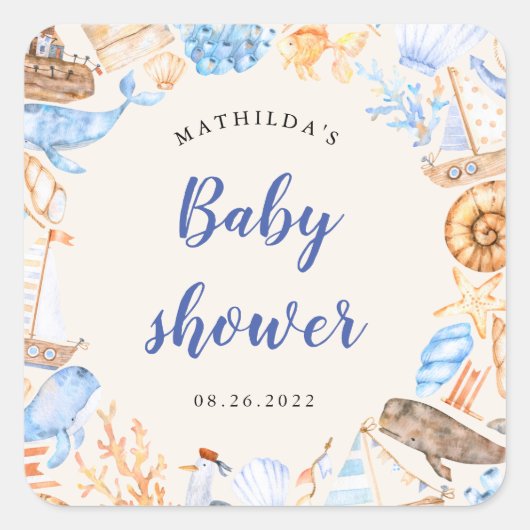 nautische strandillustraties baby shower vierkante sticker (Voorkant)