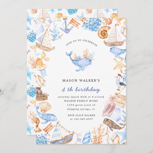 nautische strandkinderen verjaardagsuitnodiging kaart (Voorkant / Achterkant)
