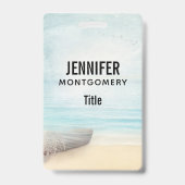 Nautische strandtafereel met roeiboot en visnet badge (Achterkant)