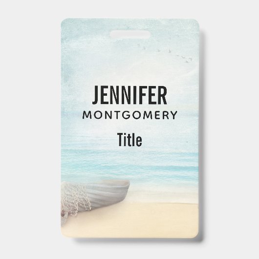 Nautische strandtafereel met roeiboot en visnet badge (Voorzijde)