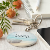 Nautische strandtafereel met roeiboot en visnet sleutelhanger (Zijkant)