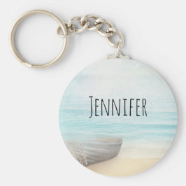 Nautische strandtafereel met roeiboot en visnet sleutelhanger