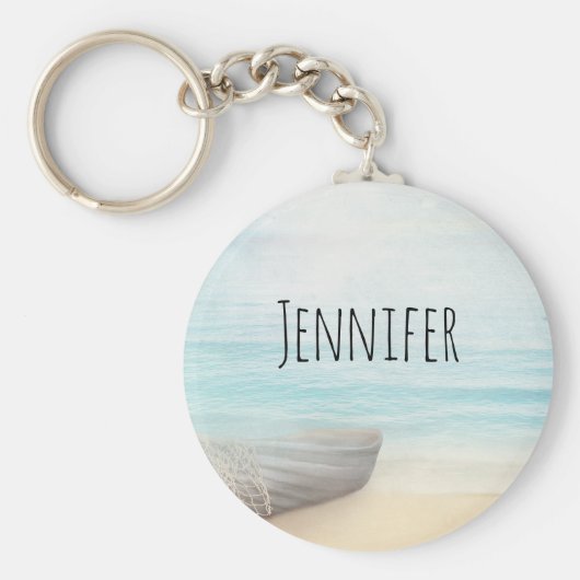 Nautische strandtafereel met roeiboot en visnet sleutelhanger (Voorkant)