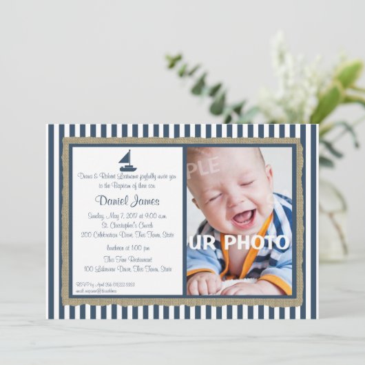 Nautische Streep en Zeilboot Doop Kaart (Staand voorkant)