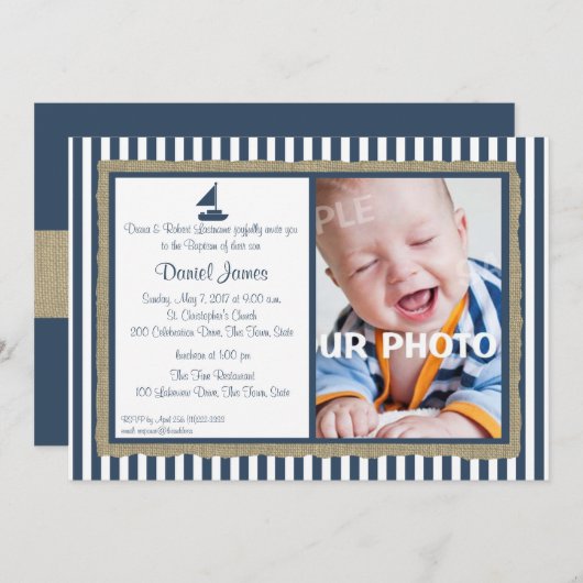 Nautische Streep en Zeilboot Doop Kaart (Voorkant / Achterkant)