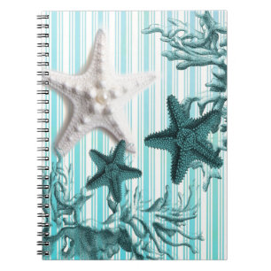 nautische strepen aqua schelpen blauwe zeester notitieboek