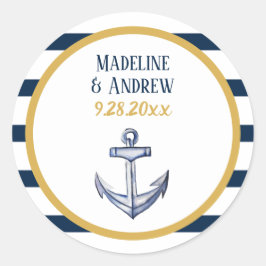 Nautische strepen en anker bruiloft ronde sticker