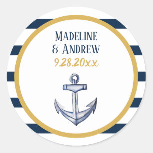 Nautische strepen en anker bruiloft ronde sticker