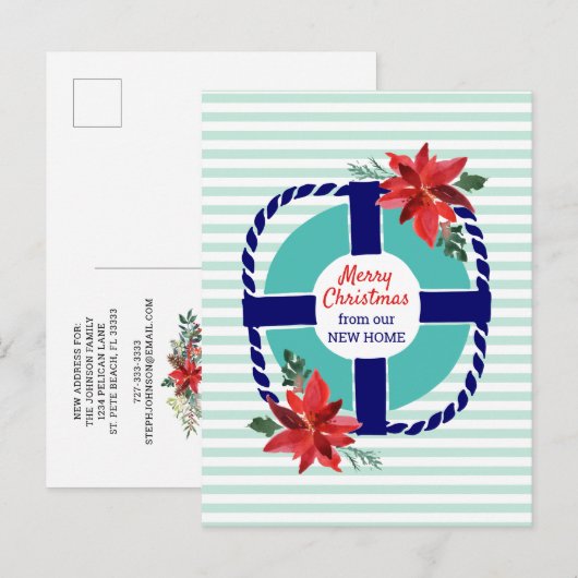 Nautische strepen Kerstmis Poinsettias Bewegen Aankondigingskaart (Voorkant / Achterkant)
