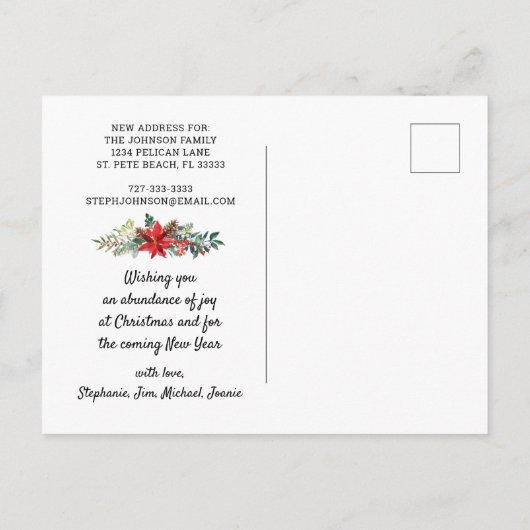 Nautische strepen Kerstmis Poinsettias Bewegen Aankondigingskaart (Achterkant)