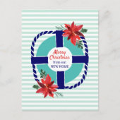 Nautische strepen Kerstmis Poinsettias Bewegen Aankondigingskaart (Voorkant)