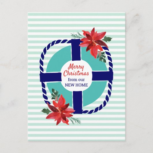 Nautische strepen Kerstmis Poinsettias Bewegen Aankondigingskaart (Voorkant)