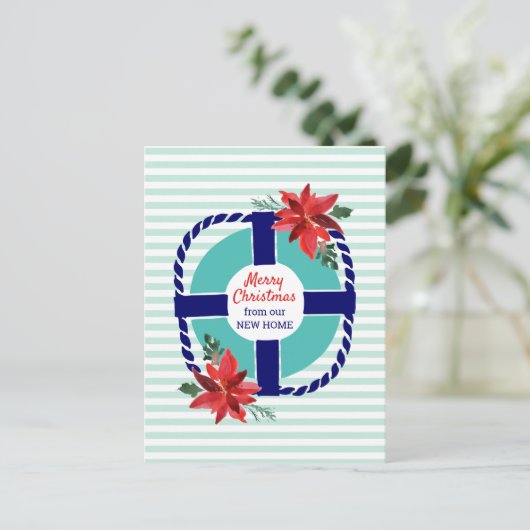 Nautische strepen Kerstmis Poinsettias Bewegen Aankondigingskaart (Staand voorkant)