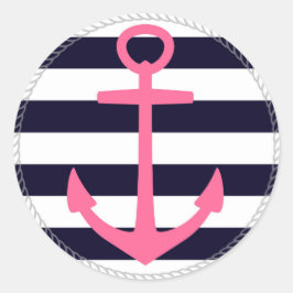 Nautische strepen met fuchsia anker ronde sticker