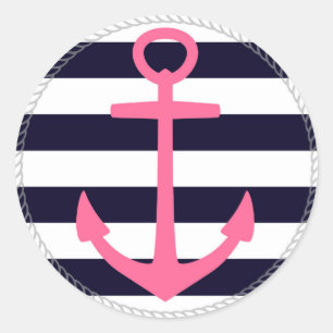 Nautische strepen met fuchsia anker ronde sticker
