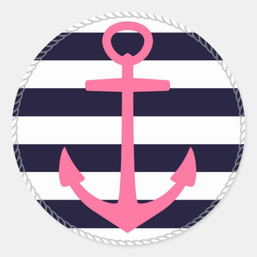 Nautische strepen met fuchsia anker ronde sticker (Voorkant)