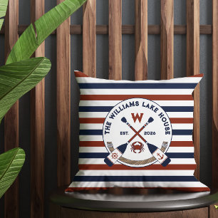 Nautische Strepen Riemen Krab Monogram Meerhuis Buitenkussen
