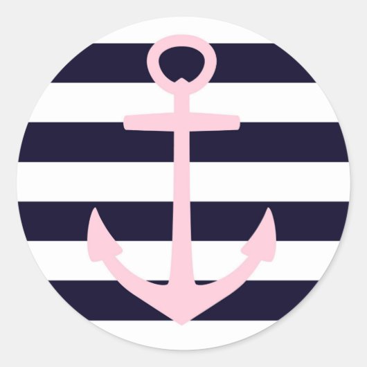 Nautische strepen & roze anker ronde sticker (Voorkant)
